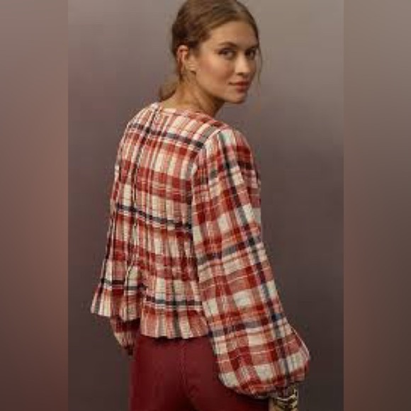Pilcro Pleated Swing Blouse Balloon Sleeve Plaid Metallic Anthropologie Size XS - Picture 3 of 10
